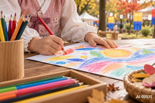 창원 맘프축제 그림 활동을 연상시키는 색연필 그림 그리기 AI 이미지