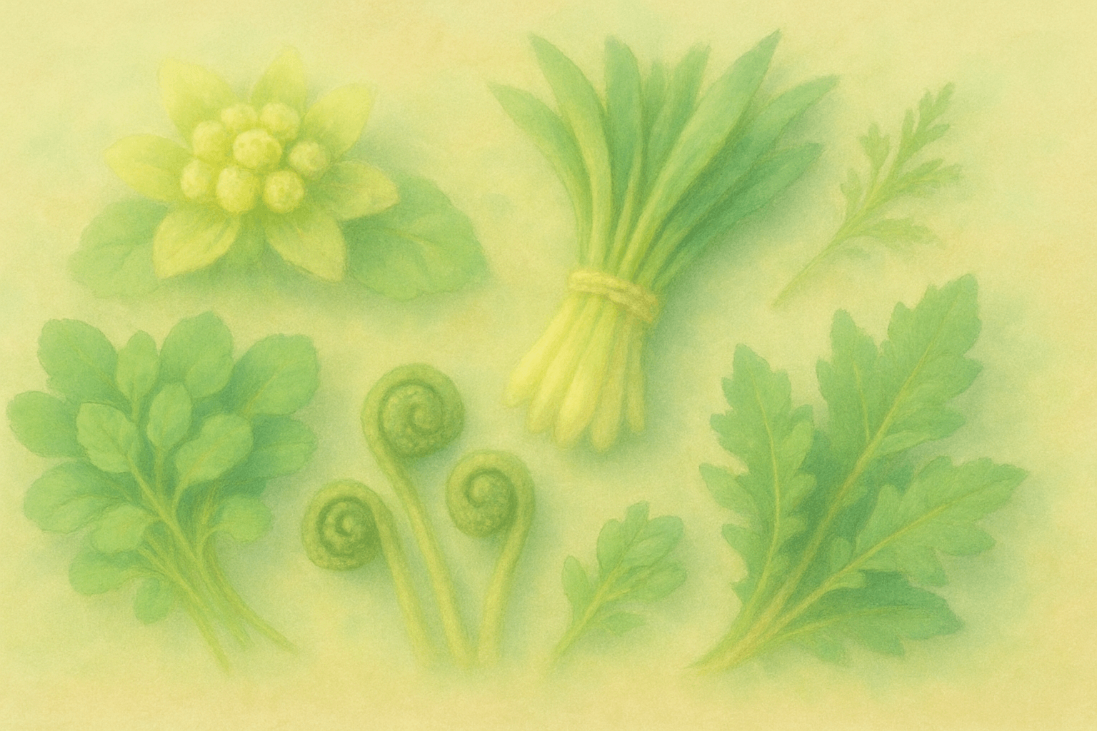 봄의 포근한 햇살 아래 돋아난 나물들의 느낌을 로맨틱하게 표현한 이미지