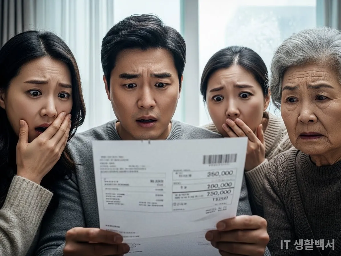 겨울철 전기세 고지서를 보고 놀라는 한국 가족
