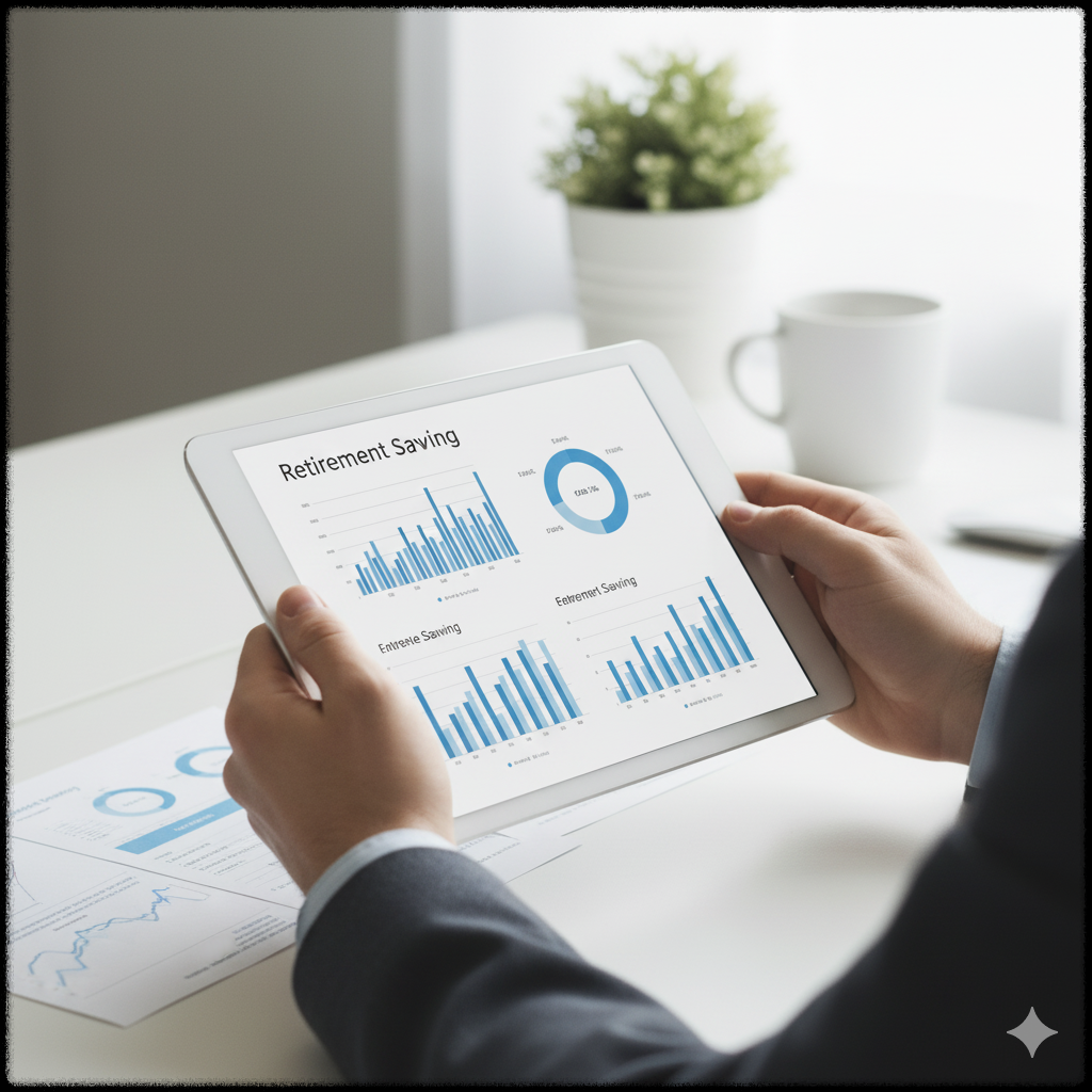 은퇴 저축 차트와 그래프가 표시된 태블릿의 모습