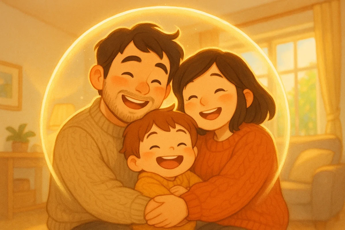 부모와 아이가 함께 웃고 있는 따뜻한 가족 사진과 보호막을 연상시키는 시각적 요소