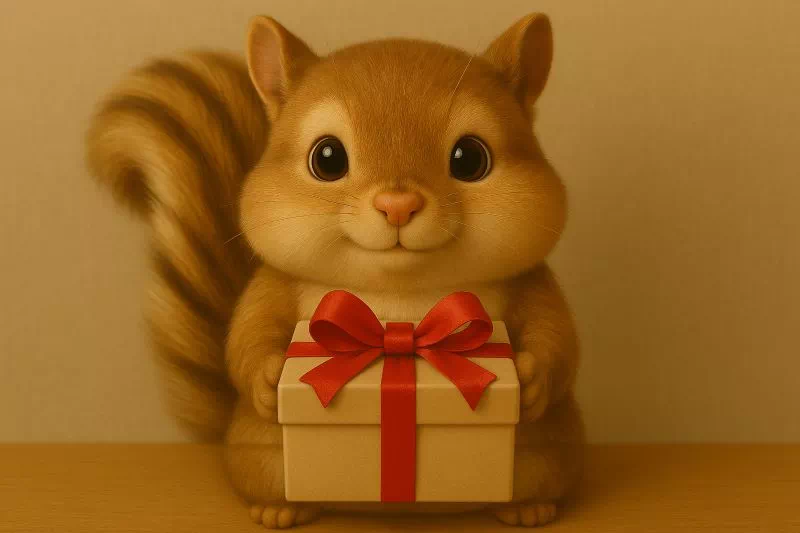 "리본 포장을 들고 있는 다람쥐 캐릭터가 선물을 건네는 모습"