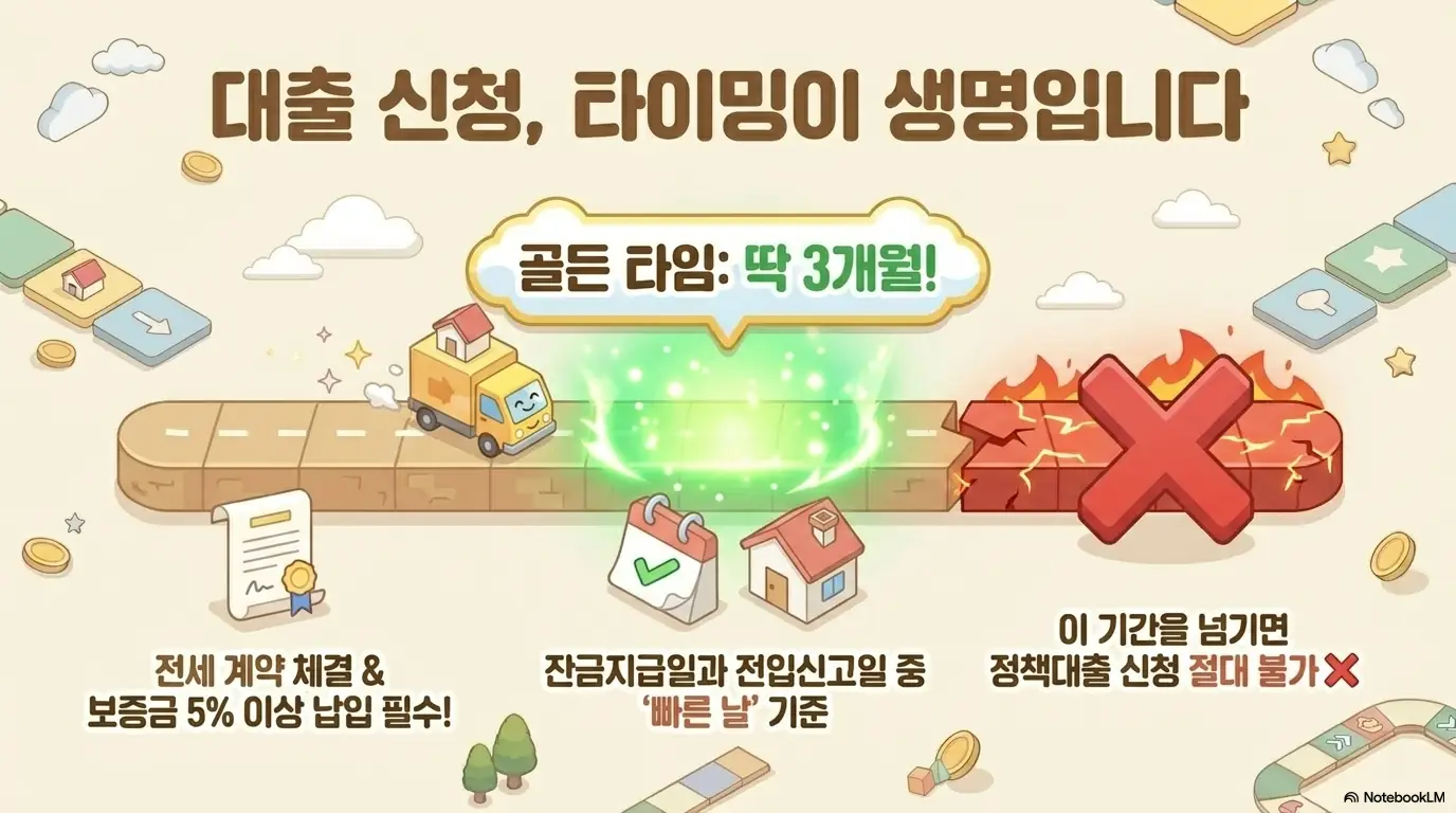 전세자금대출 금리빇: 대출 신청은 타이밍이 생명이라는 문구와 트럭 그림이 담긴 이미지. 전세 계약 체결과 보증금 5% 이상 납입이 필수이고&amp;#44; 잔금지급일과 전입신고일 중 빠른 날 기준 골든타임 3개월 이내에 신청해야 하며 이 기간을 넘기면 정책대출 신청이 불가능함을 시각적으로 전달함