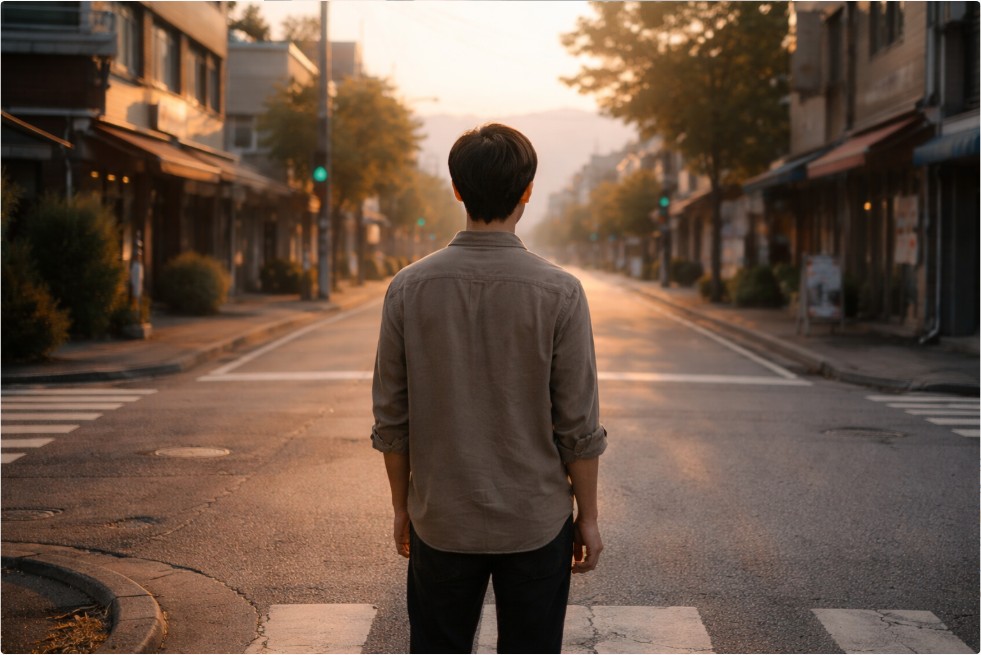 아침 햇살이 비치는 갈림길 앞에서 조용히 서 있는 사람