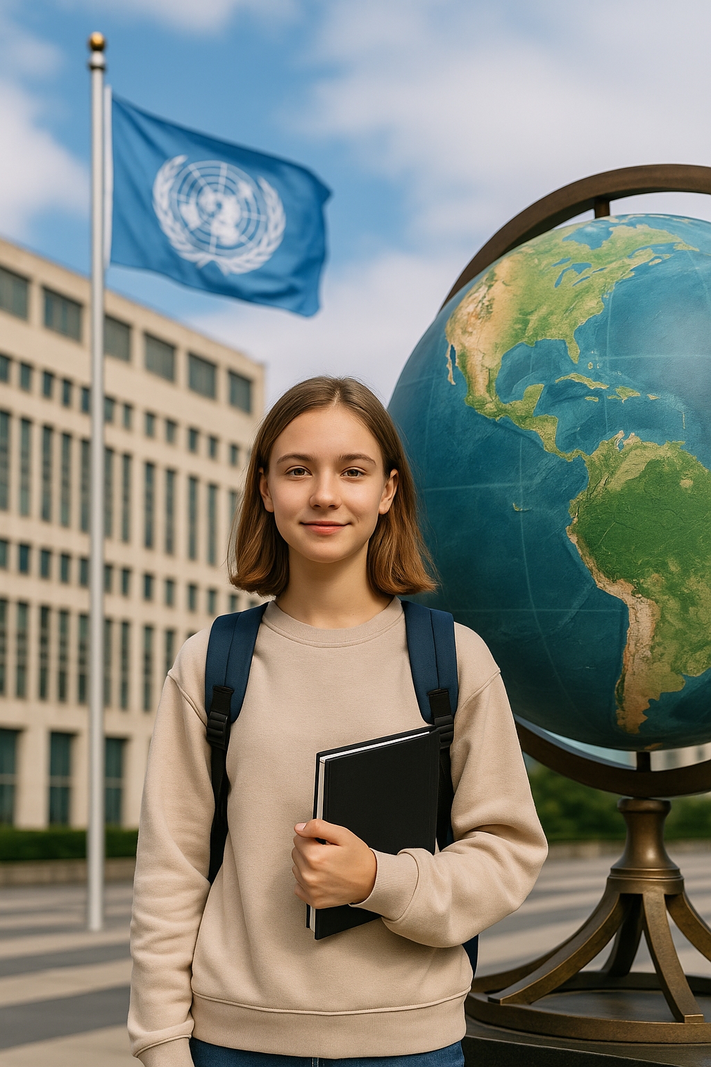 국제기구 건물과 지구본 – UN 깃발과 지구본 앞에서 서 있는 청소년