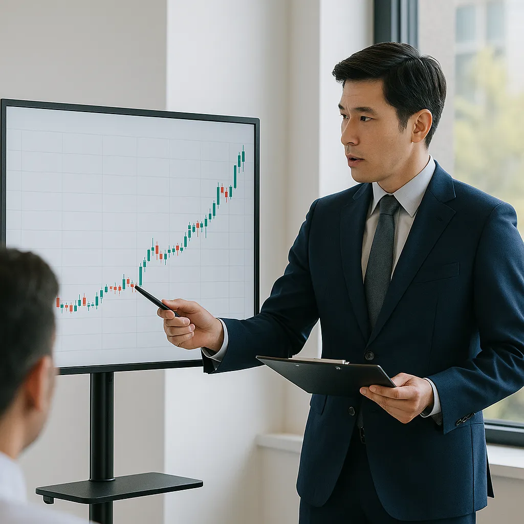 상승 추세의 주가 차트를 설명하는 남성 애널리스트
