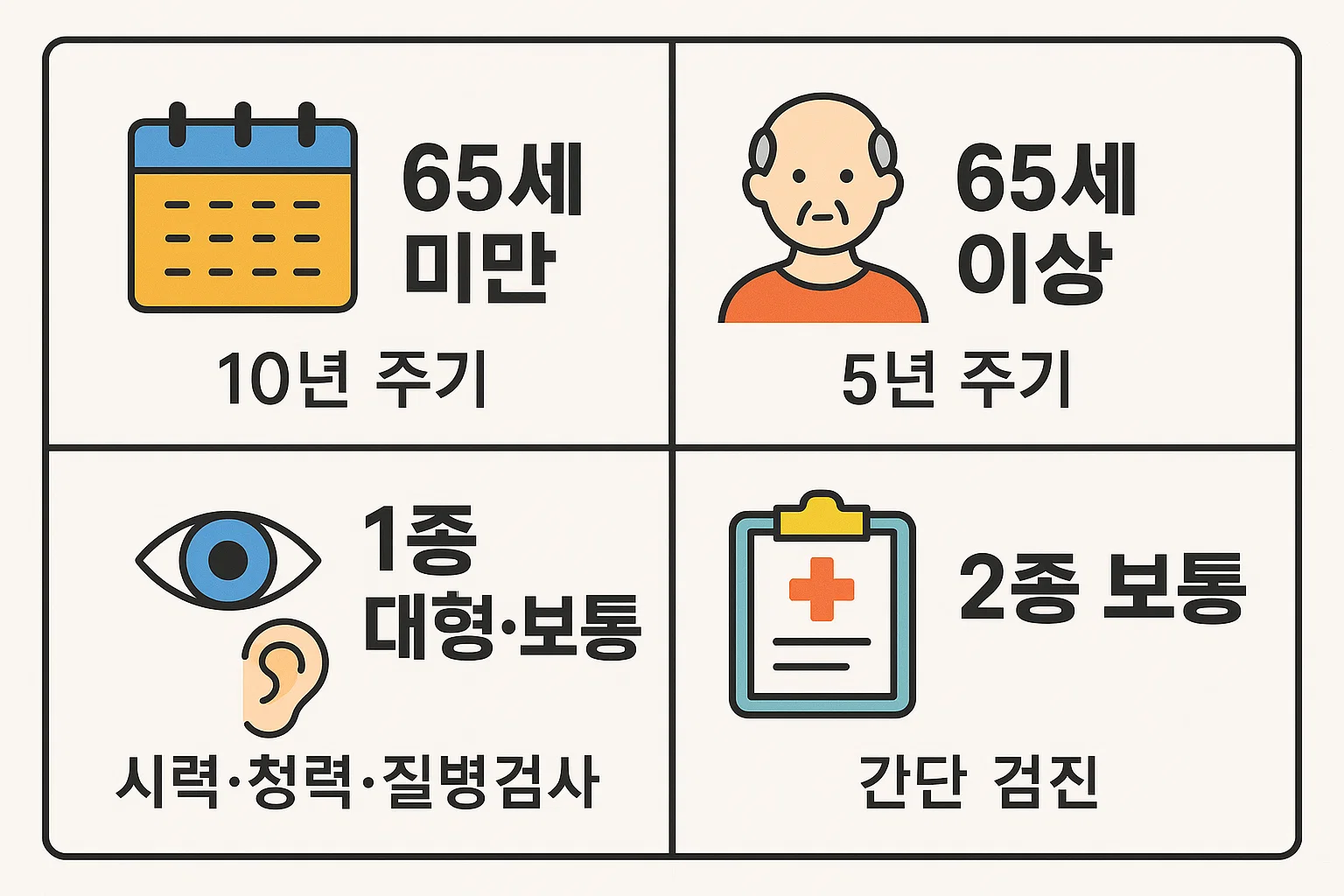 65세 미만과 65세 이상 운전자의 건강검진 주기 차이(10년 vs 5년)와 1종, 2종 면허별 검사 항목을 한눈에 볼 수 있는 인포그래픽입니다.