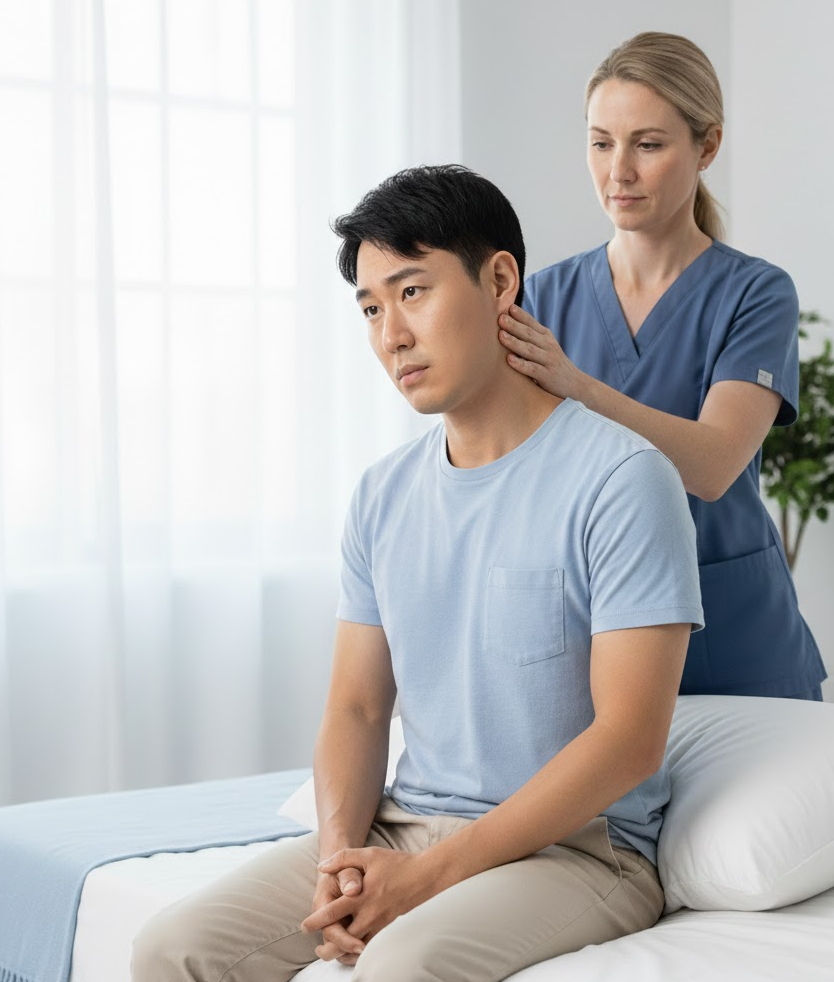 전문의에게 이석치환술을 받고 있는 남성