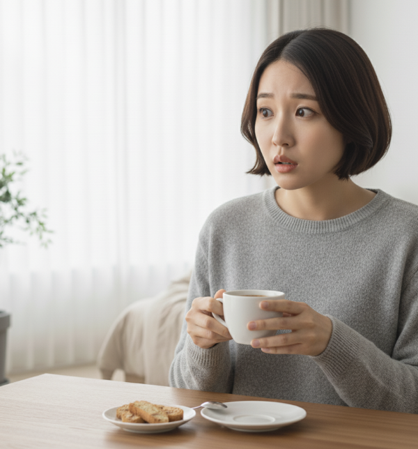 궁금증을 가득한 표정으로 커피를 들고 있는 여성