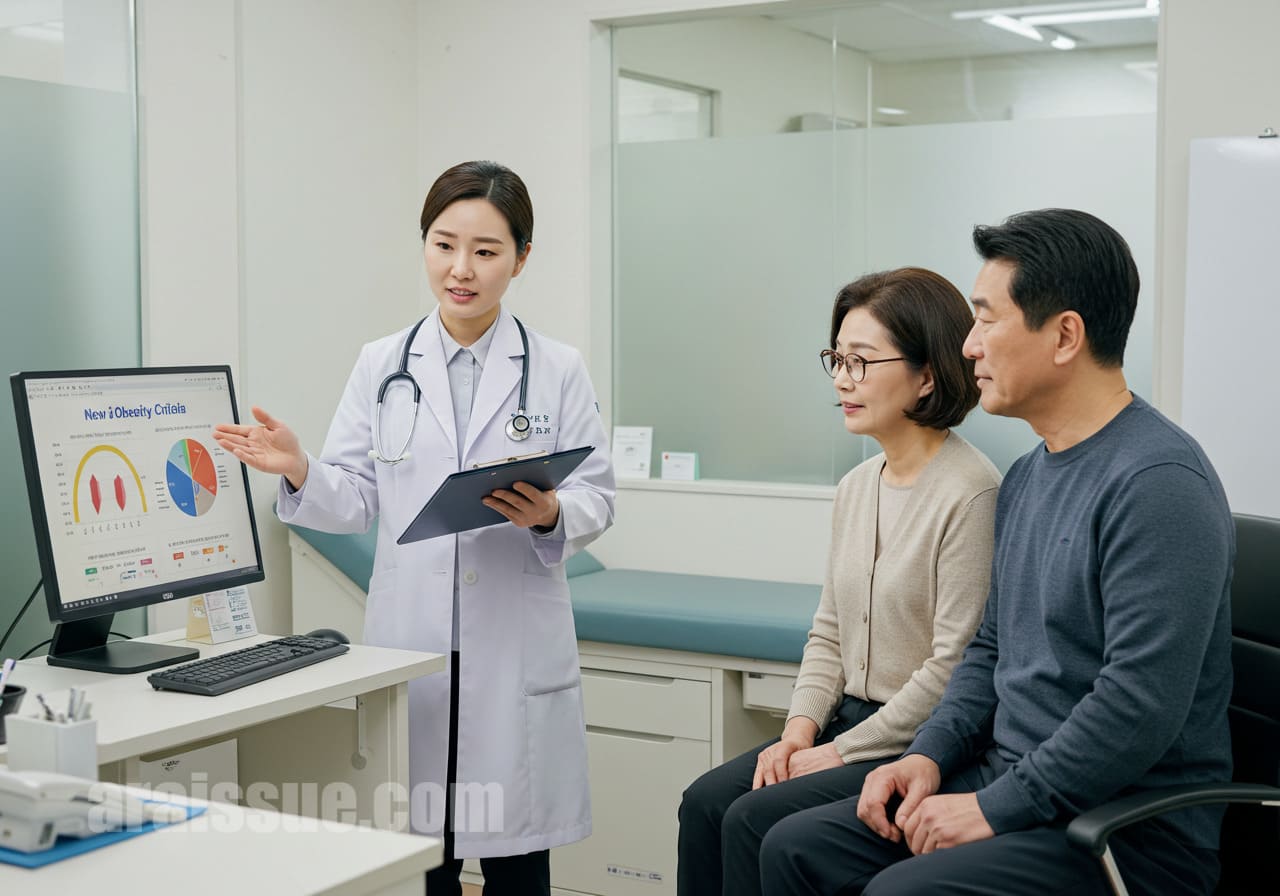 40대 한국 부부에게 새로운 비만 기준을 설명하는 한국인 의사. 현대적인 병원 상담실에서 진행되는 장면입니다.