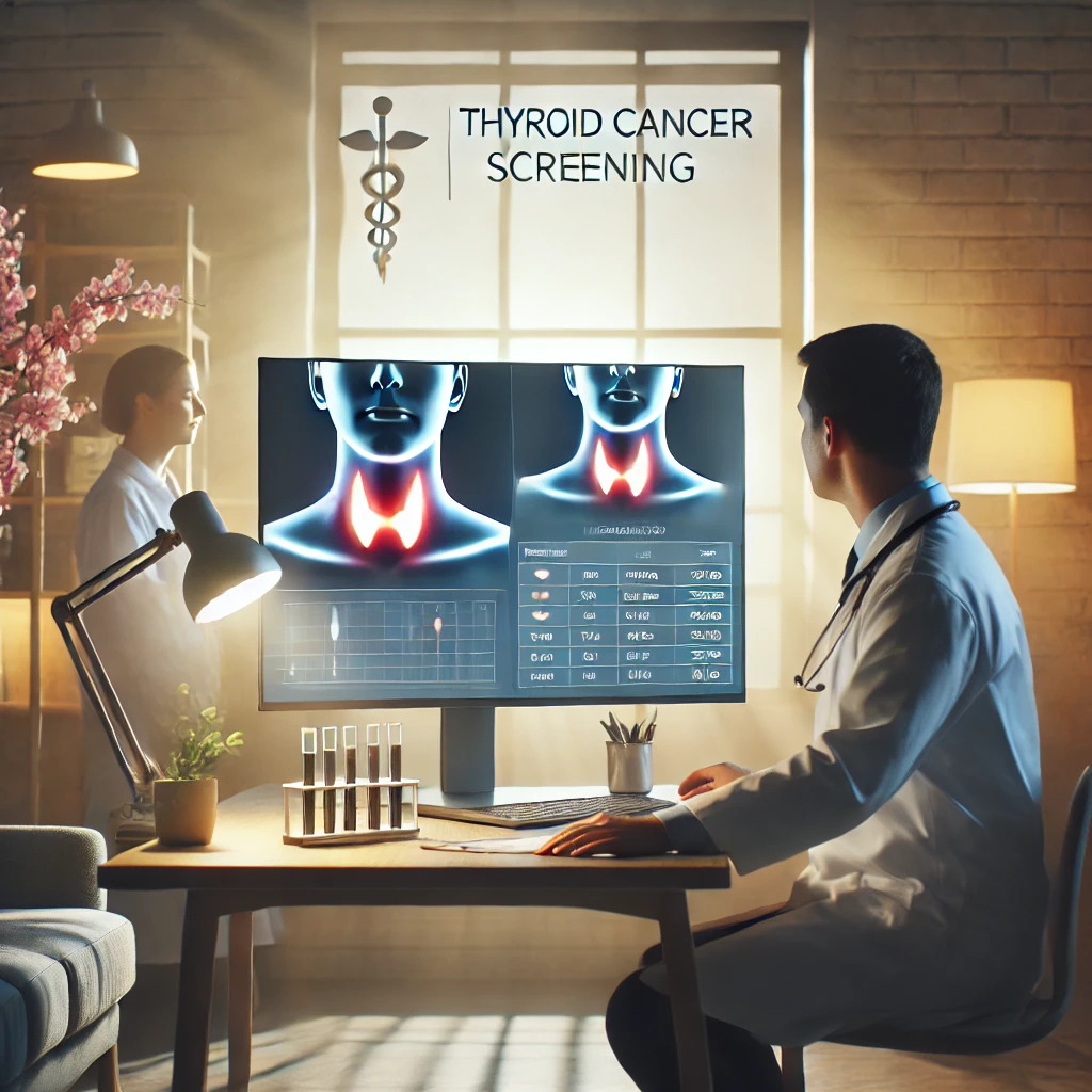의료 진료실 안, 의사가 컴퓨터 화면으로 갑상선암 검진 결과를 차분히 설명하는 장면, 부드러운 조명과 차분한 분위기