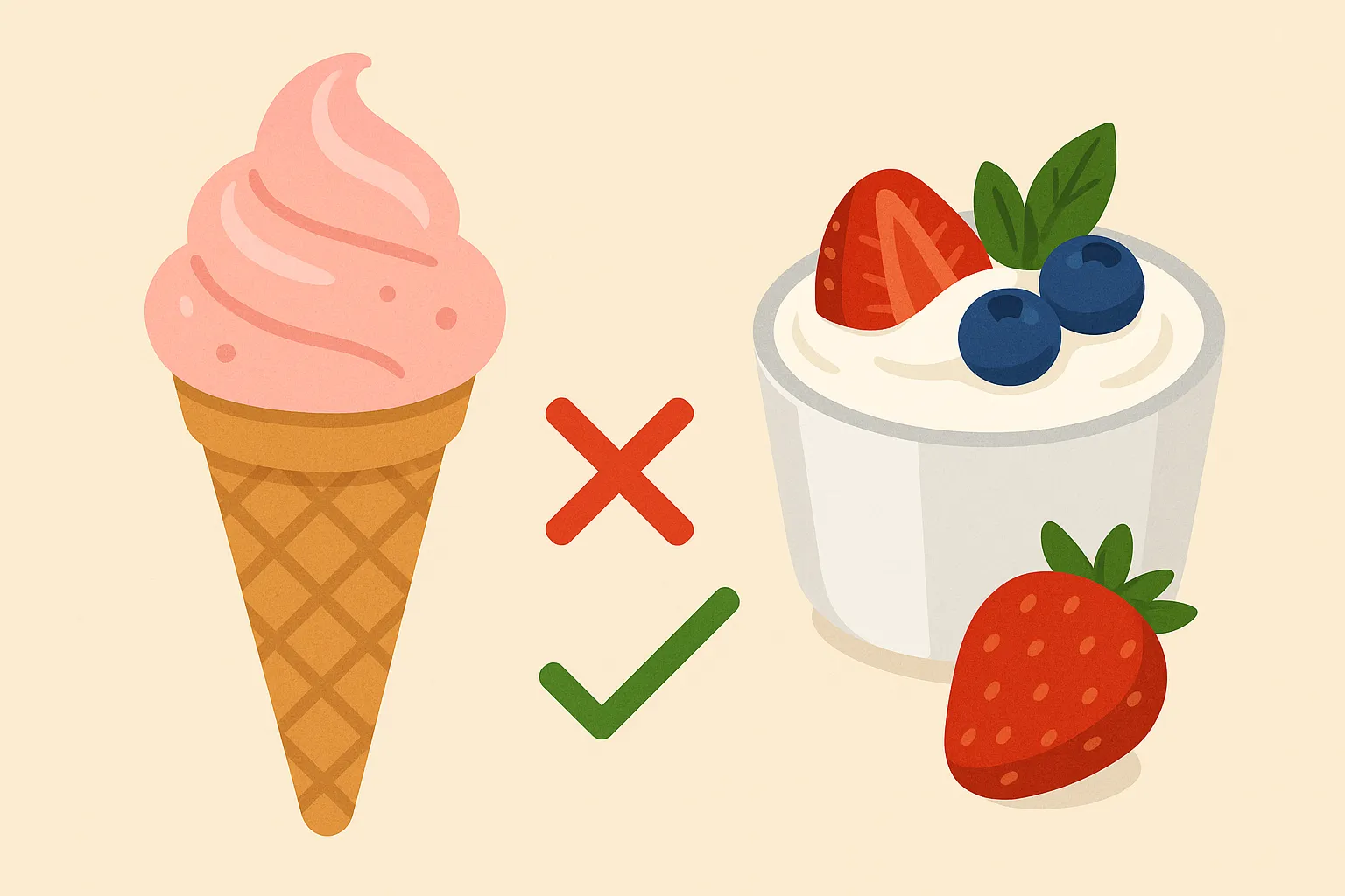 아이스크림-대신-요거트를-먹었을-때의-건강상-이점을-표현한-일러스트로,-왼쪽에는-아이스크림,-오른쪽에는-과일이-올려진-요거트가-그려져,-당분-감소와-영양-균형을-상징함.