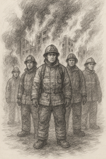 건물 화재 현장에서 연기를 배경으로 서 있는 네 명의 소방관을 스케치풍으로 묘사한 이미지, 글씨 없이 감정 중심으로 표현됨