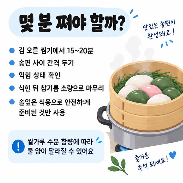 송편을 김 오른 찜기에서 15분에서 20분 정도 찌고 참기름으로 마무리하는 방법을 보여주는 카드뉴스