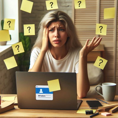 노트북을 들고 웃고 있는 남성, 화면에 "Windows 비밀번호 재설정" 방법을 안내하는 화면이 표시됩니다.