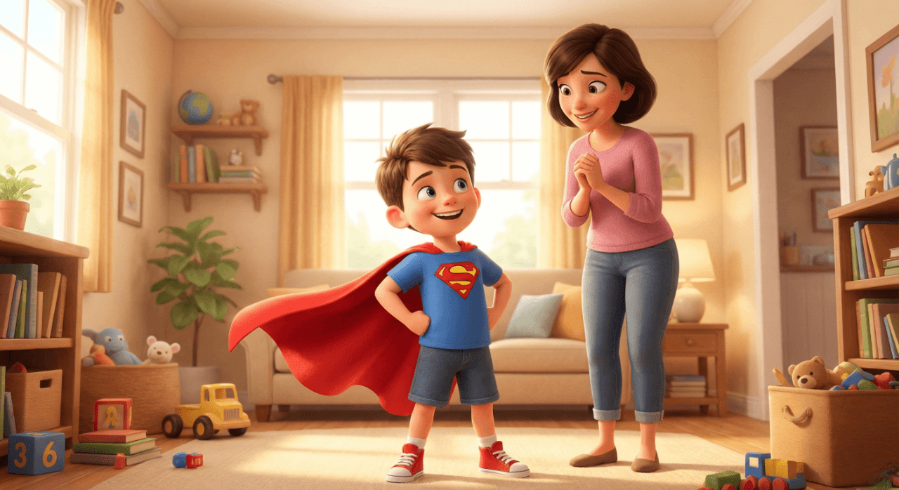 7살 남자아이가 슈퍼맨 망토를 메고 자신감 있게 서 있고 엄마가 흐뭇하게 바라보는 3D 일러스트