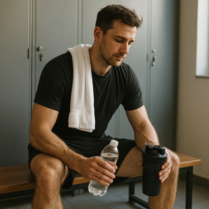 운동을 마친 직장인이 라커룸 벤치에 앉아 물병과 쉐이커를 들고 숨을 고르는 모습. 운동 직후 단백질을 준비하는 상황을 표현합니다.