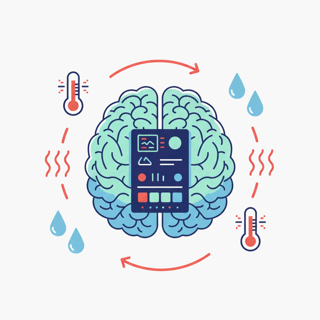 체온조절의 원리와 시상하부의 역할, 인체 구조와 작동 원리를 상징적으로 표현한 미니멀 과학 일러스트레이션