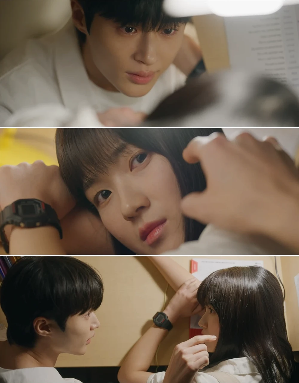 잠든-솔이-머리카락-떼어주다-눈을-뜬-솔이와-눈-맞춤하는-선재