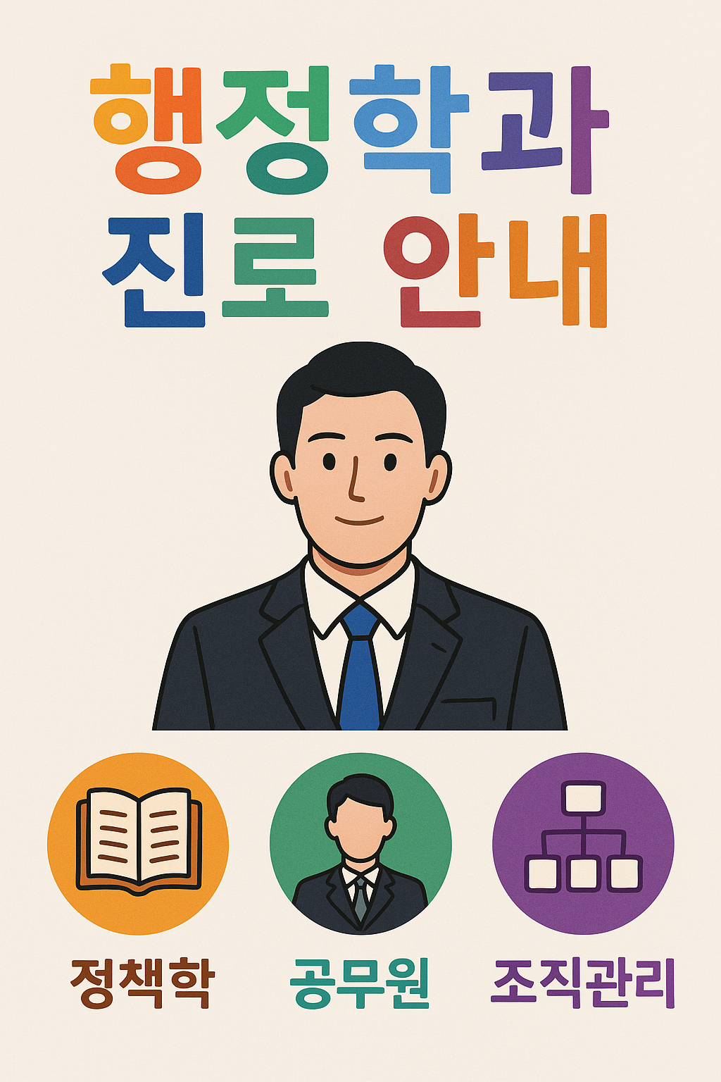 행정학과 진로 안내 포스터. 정장을 입은 남성이 중심에 있고, '정책학', '공무원', '조직관리'를 상징하는 아이콘이 아래에 컬러풀하게 배치되어 있으며, 제목 글씨도 다양한 색상으로 표현됨.&quot;