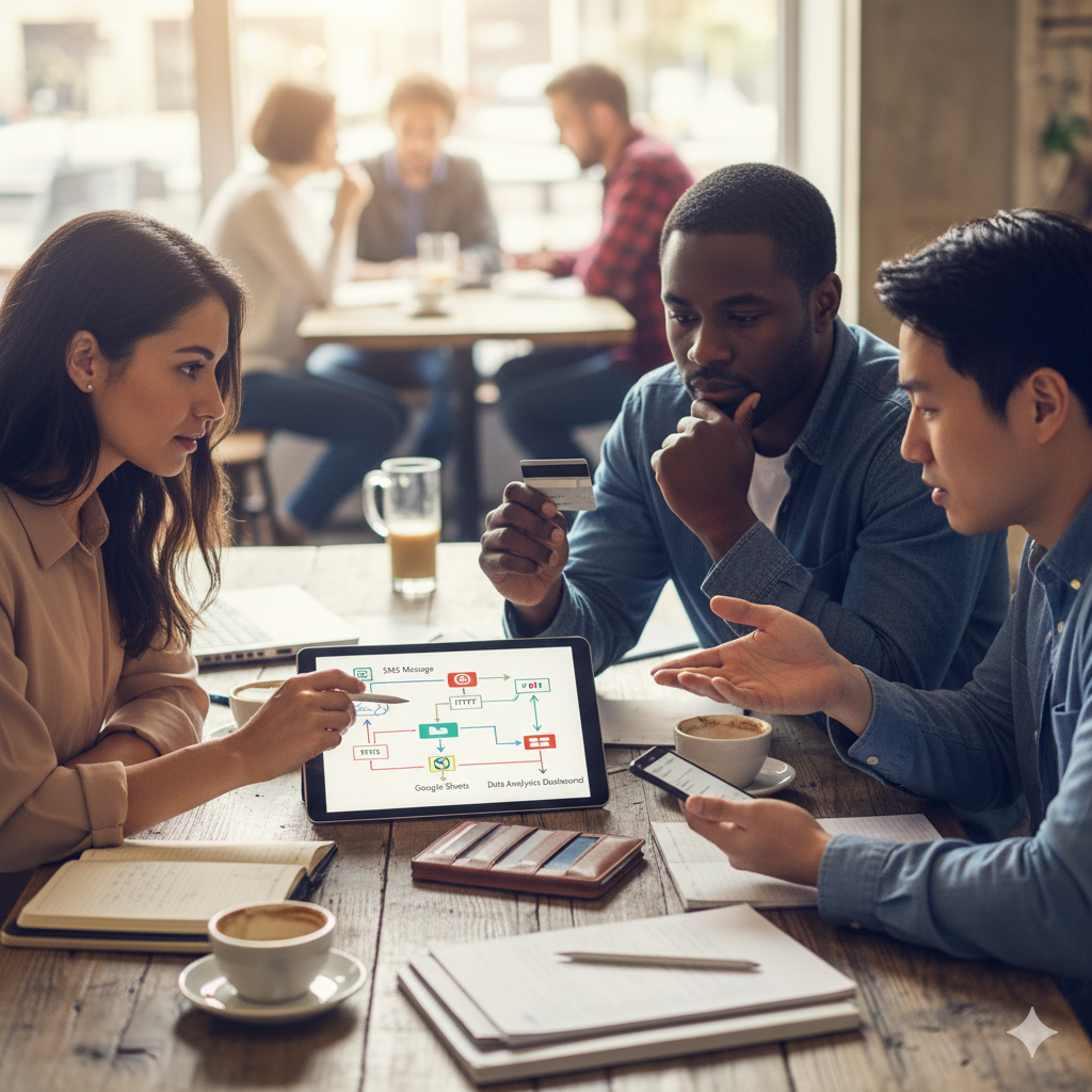 카페에서 세 사람이 태블릿 화면 속의 복잡한 화살표로 연결된 자동화 로직을 분석하고 있어요. 한 남자가 신용카드를 든 채 생각에 잠겨 있고 여자는 태블릿 화면의 특정 지점을 손가락으로 가리키고 있어요.