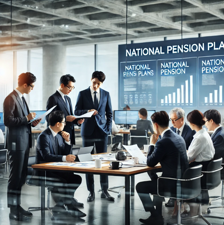 사무실에서 전문가들이 국민연금 계획에 대해 논의하는 모습