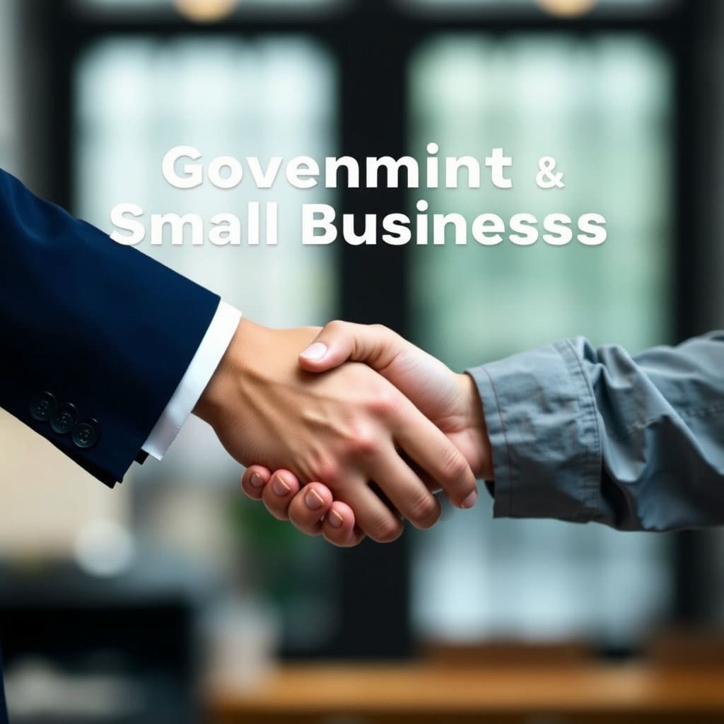 악수하는 두 손. 한 손은 정부를 상징하는 정장 소매, 다른 한 손은 소상공인을 상징하는 작업복 소매. '협력', '상생'의 의미를 담습니다.