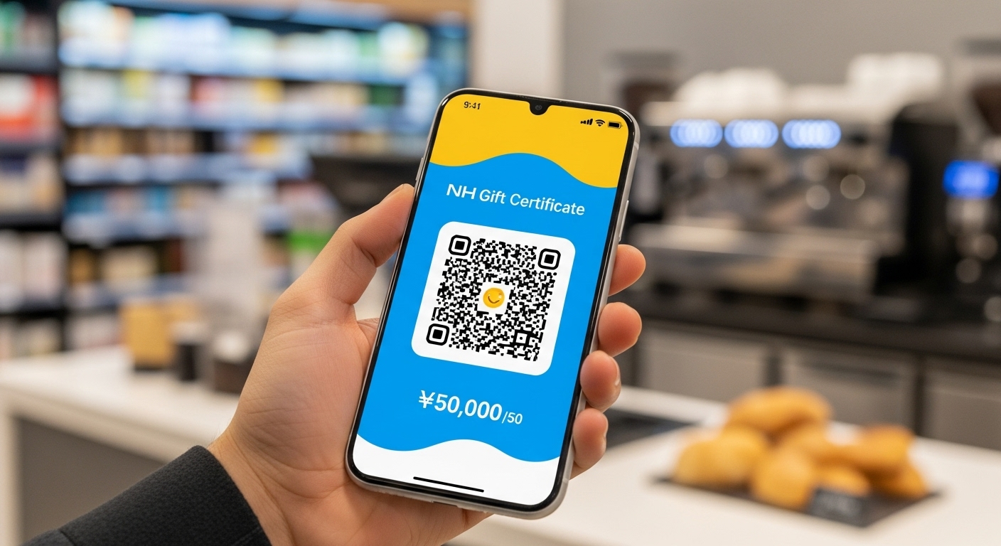 모바일 농협 상품권이 표시된 스마트폰을 들고 마트에서 결제하는 모습. 디지털 편의성을 보여줍니다.