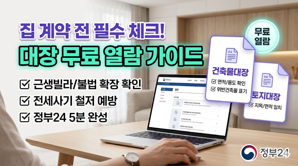 정부24를 통한 건축물대장 및 토지대장 열람 화면과 위반건축물 확인 체크리스트