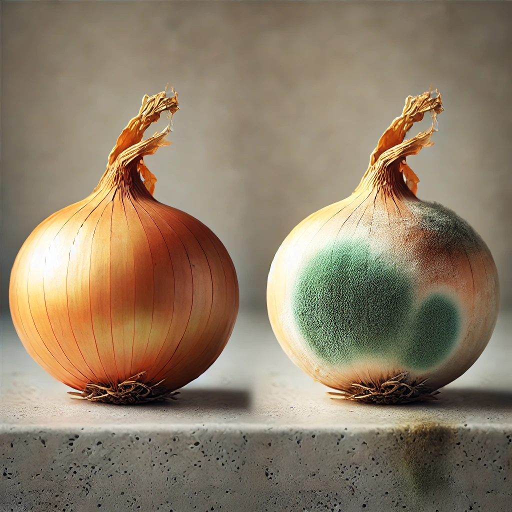 신선한 양파와 곰팡이 난 양파