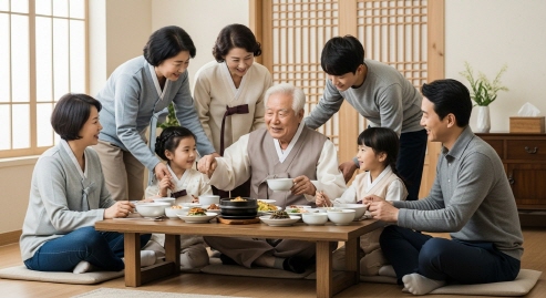 가족이 집에서 식사 도움 주는 장면