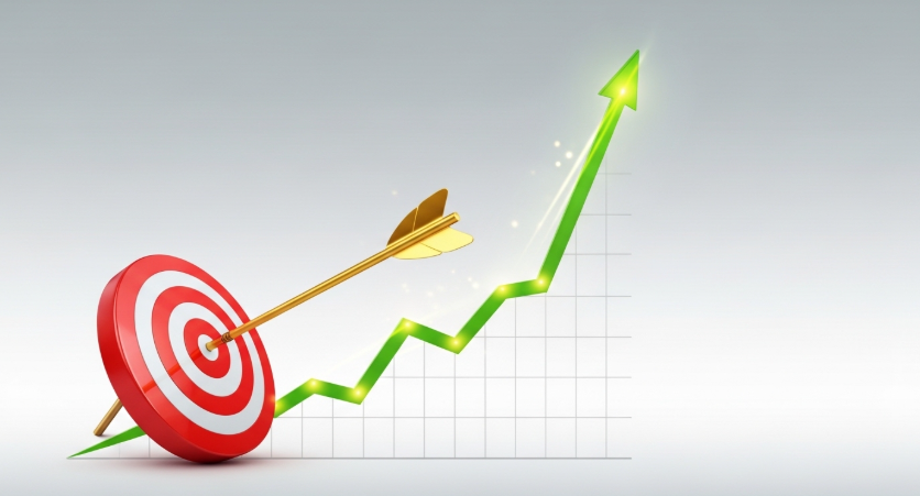 파이버프로 주가 전망 관련 이미지(과녁의 정중앙에 꽂혀 있는 화살과 그 옆에 힘차게 상승하는 꺾은선 그래프가 그려져 있어, 뛰어난 타격 정밀도와 폭발적인 매출 성장을 상징하는 그래픽)