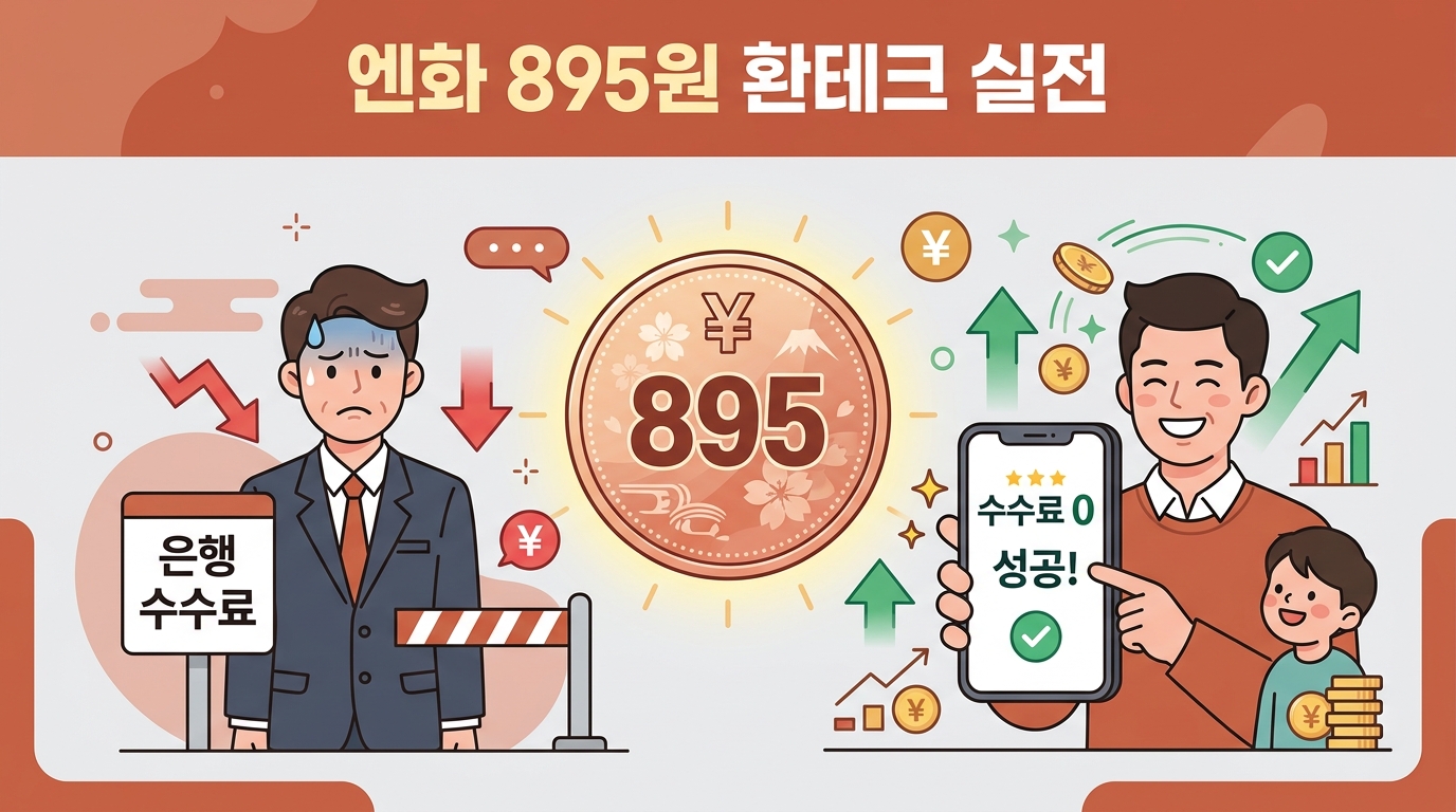 895원 엔화 환율 하락에 따른 수수료 0원 환테크 실전 비교 인포그래픽