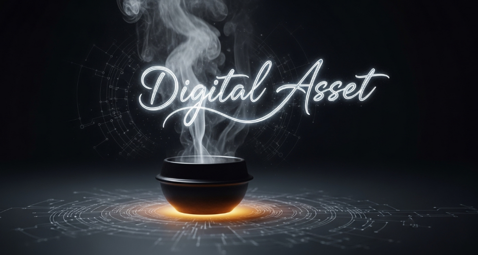 뚝배기에서 서서히 뜨거운 김이 올라오고 그 김이 'Digital Asset'이라는 단어로 변해가는 모습, 뚝배기 주변으로 디지털 회로 패턴이 은은하게 퍼져나가는 모습, 철학적이고 미니멀한 표현.