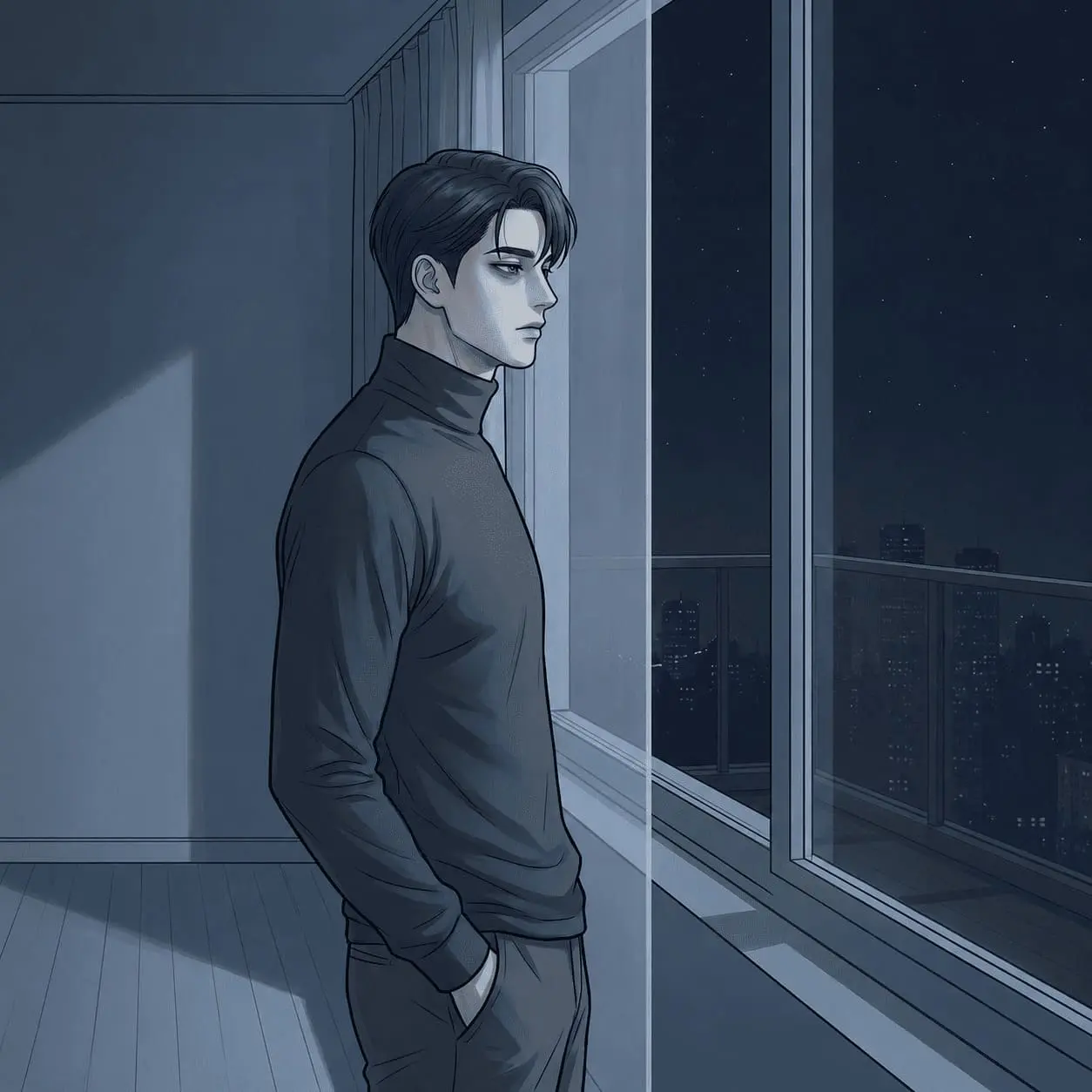 회피형 남자가 연락을 망설이며 휴대폰을 바라보는 장면(avoidant man emotionally distancing while looking at phone)