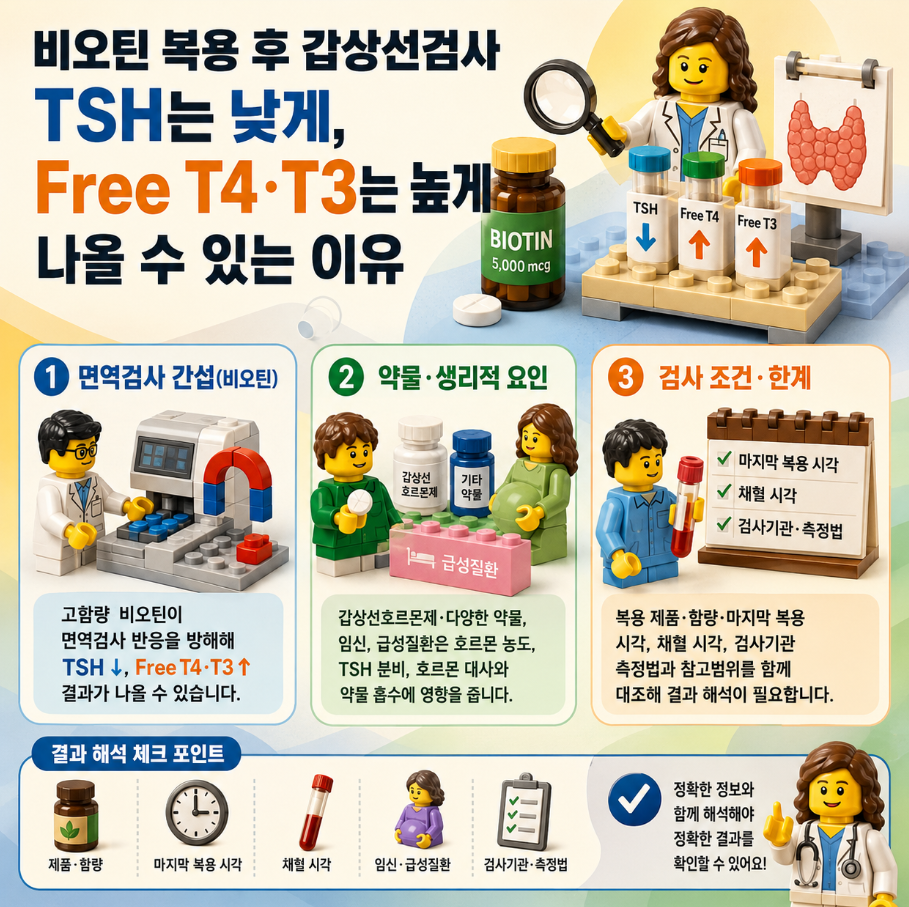 비오틴 복용 후 갑상선검사에서 TSH 감소와 Free T4·T3 증가 가능성을 설명하는 레고 스타일 메디컬 인포그래픽
