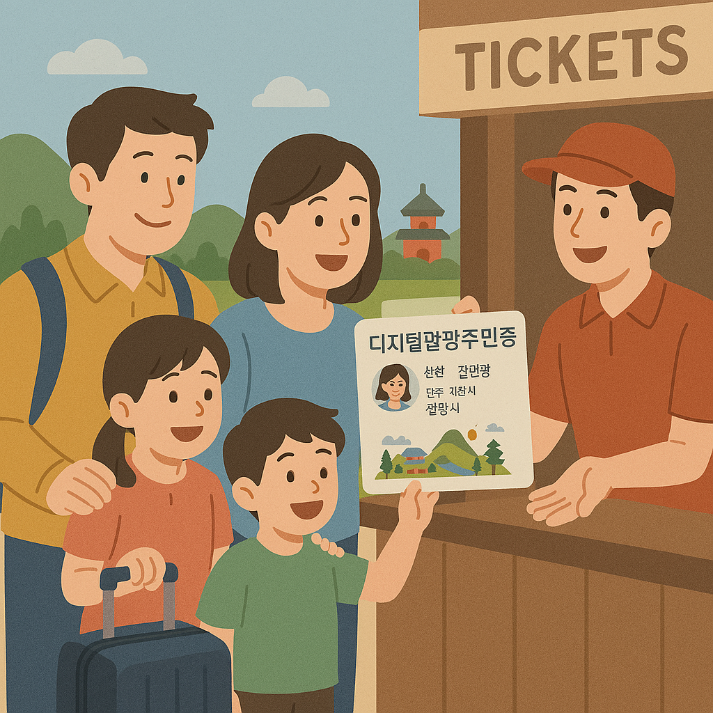 디지털 관광주민증을 제시하며 가족 여행을 즐기는 장면