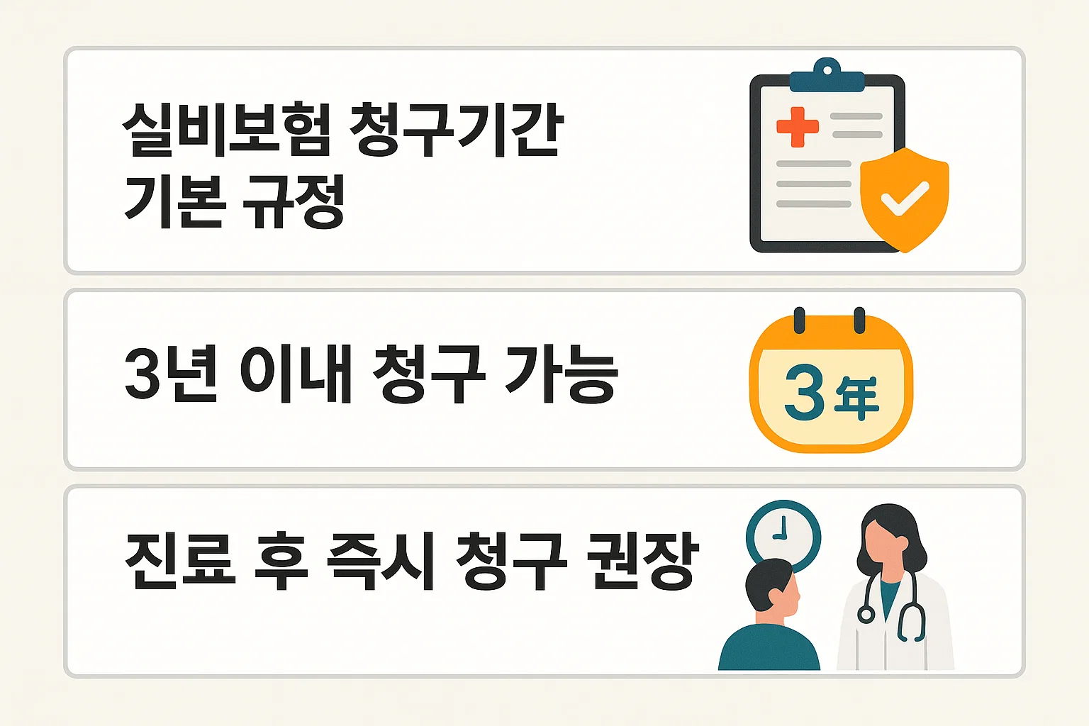 실비보험은 진료일로부터 3년 이내에 청구 가능하며, 늦지 않게 서류를 제출해야 하는 핵심 규정을 요약한 인포그래픽.