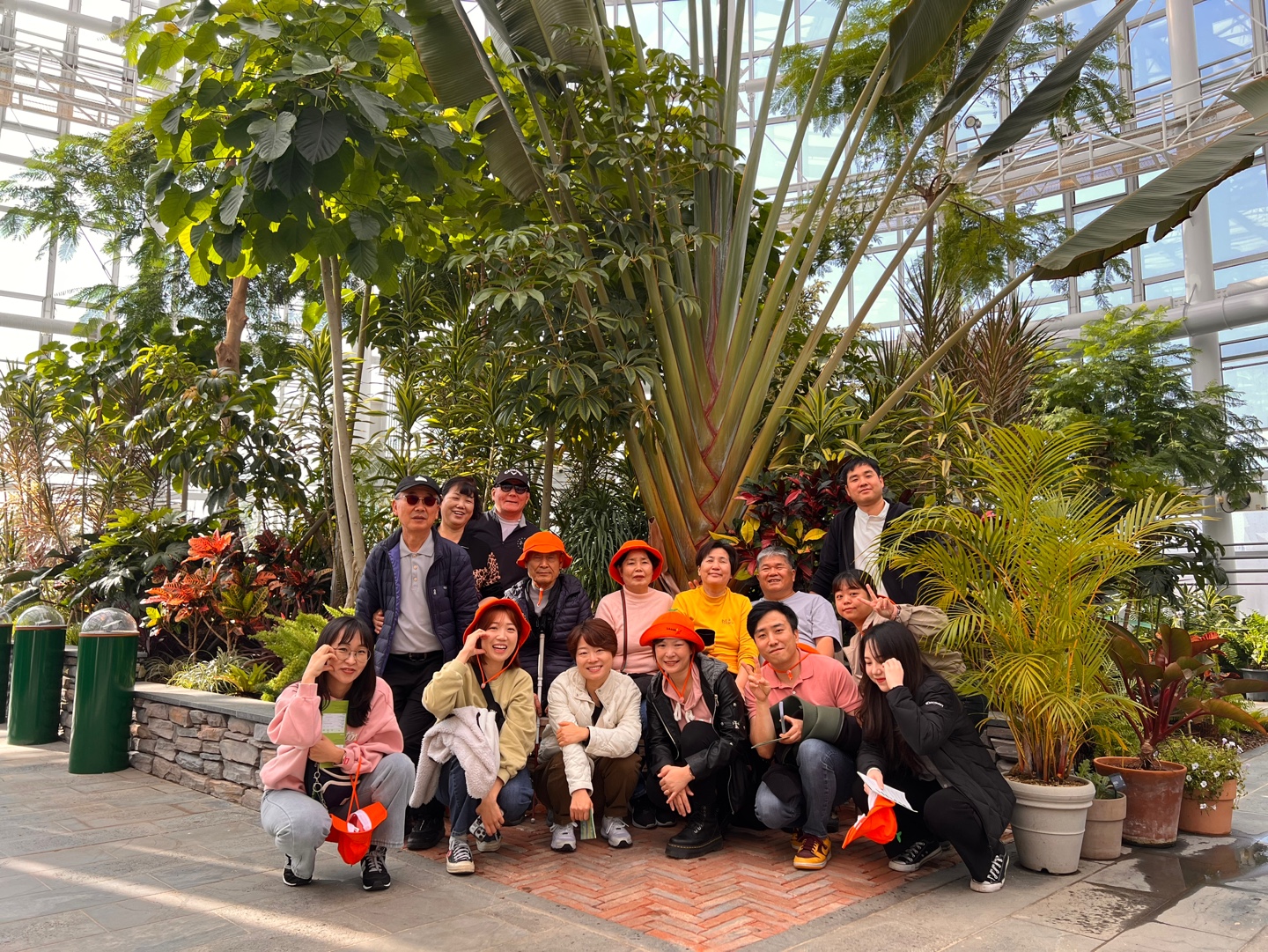 부채파초(큰 부채 모양처럼 생긴 식물)에서 단체 사진