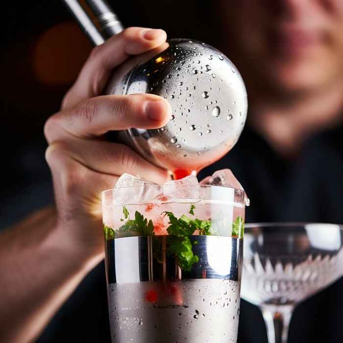 두 종류의 위스키와 아몬드 시럽을 셰이커로 혼합하는 카메론 킥 제조 과정