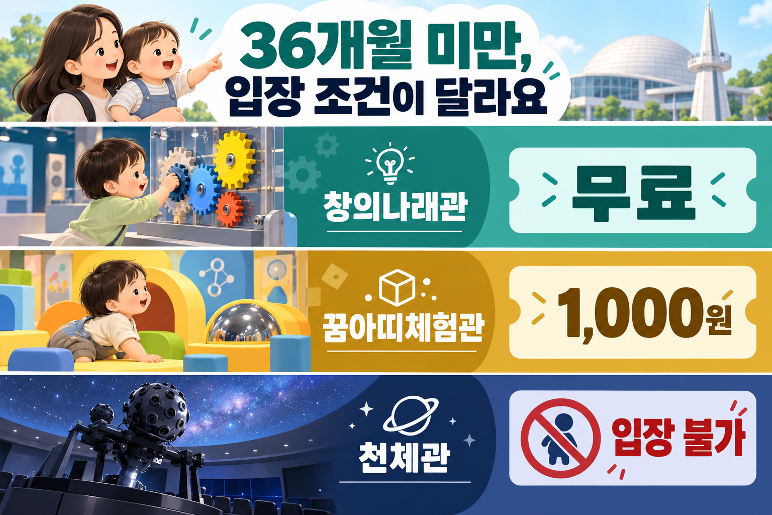36개월 미만은 창의나래관 무료, 꿈아띠체험관 1,000원, 천체관 입장 불가