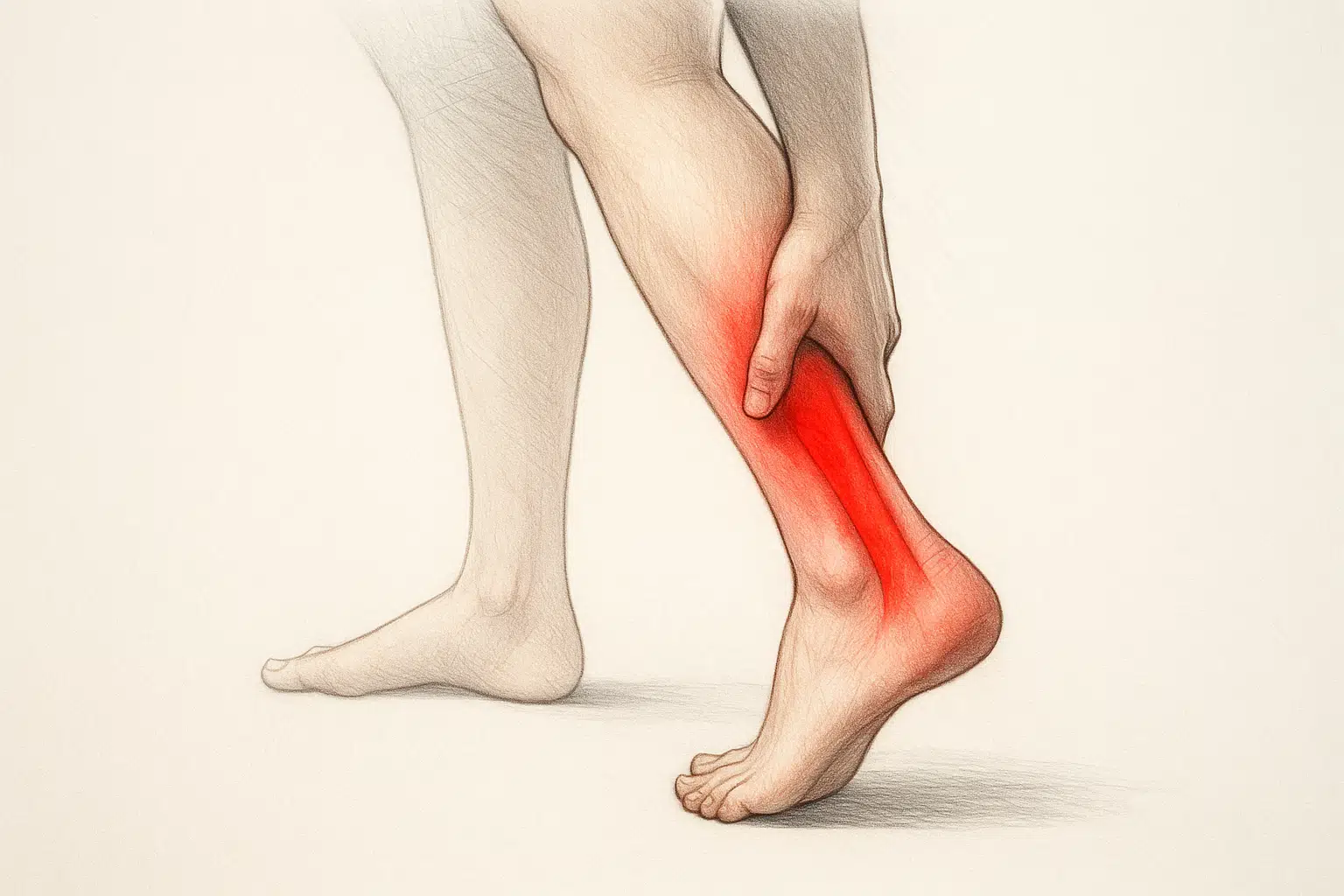 발뒤꿈치와 종아리를 연결하는 아킬레스건 부위를 붉게 강조