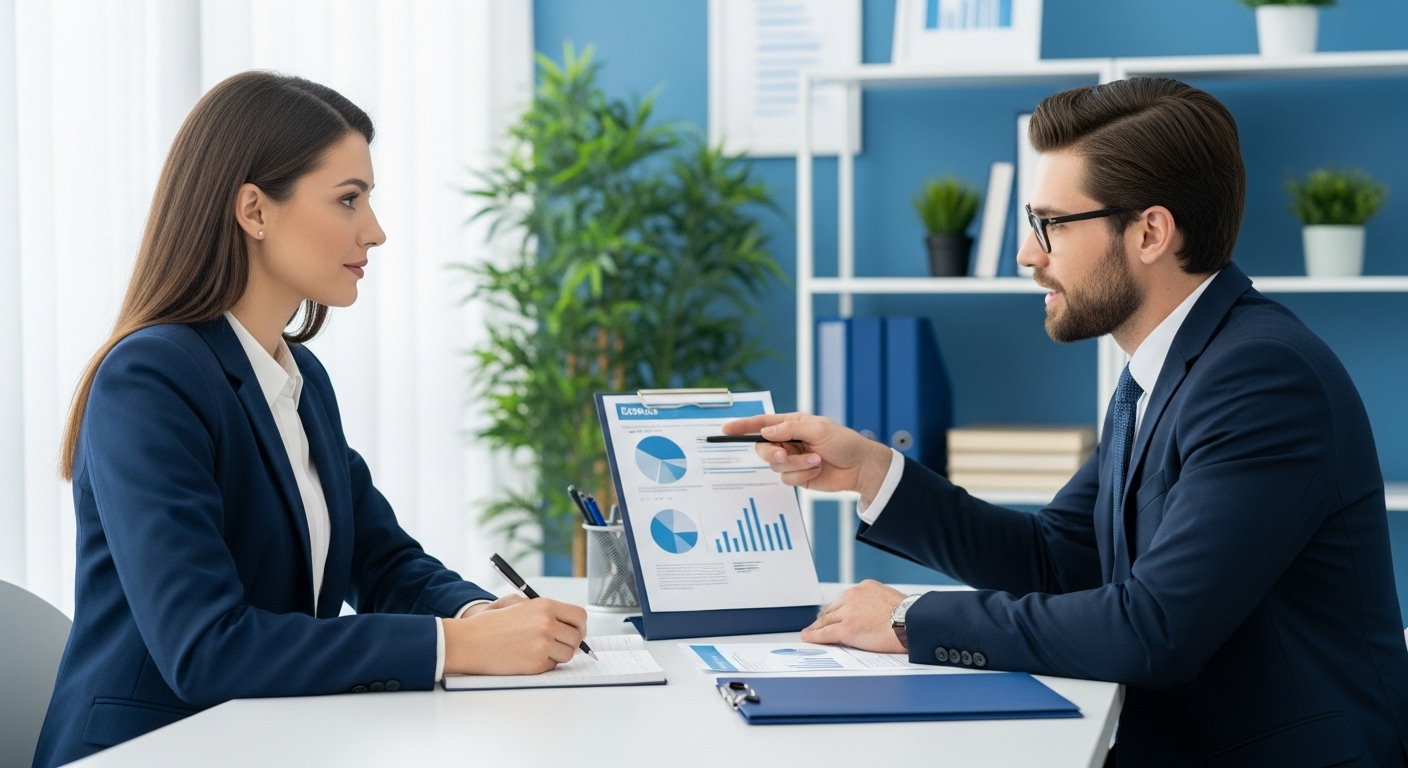 전문가와 소상공인이 1:1 상담을 하고 있는 모습. 전문가가 사업 서류를 가리키며 조언하고, 소상공인은 진지하게 경청하며 메모하고 있다.