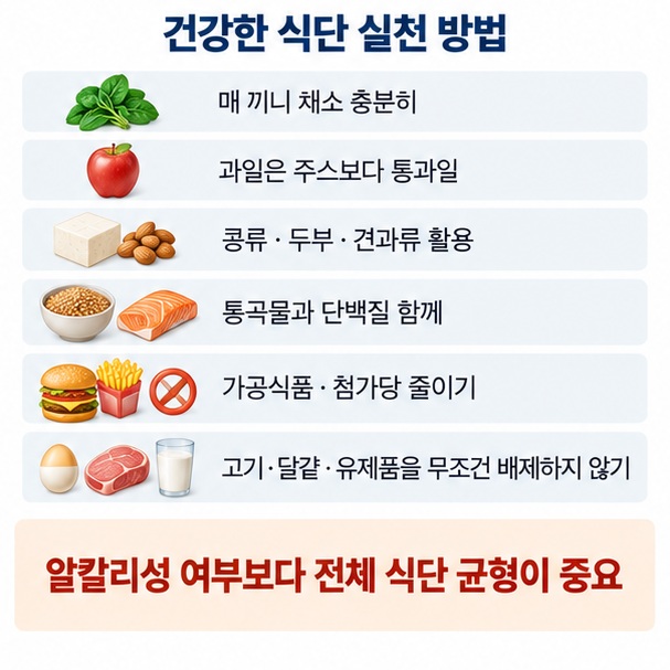 채소 충분히 먹기 통과일 선택 콩류 견과류 활용 통곡물과 단백질 균형 가공식품과 첨가당 줄이기를 정리한 이미지