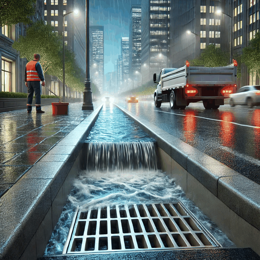 비 오는 도시 거리에서 현대적인 배수 시스템이 효과적으로 빗물을 배출하는 모습을 보여주는 실사 이미지