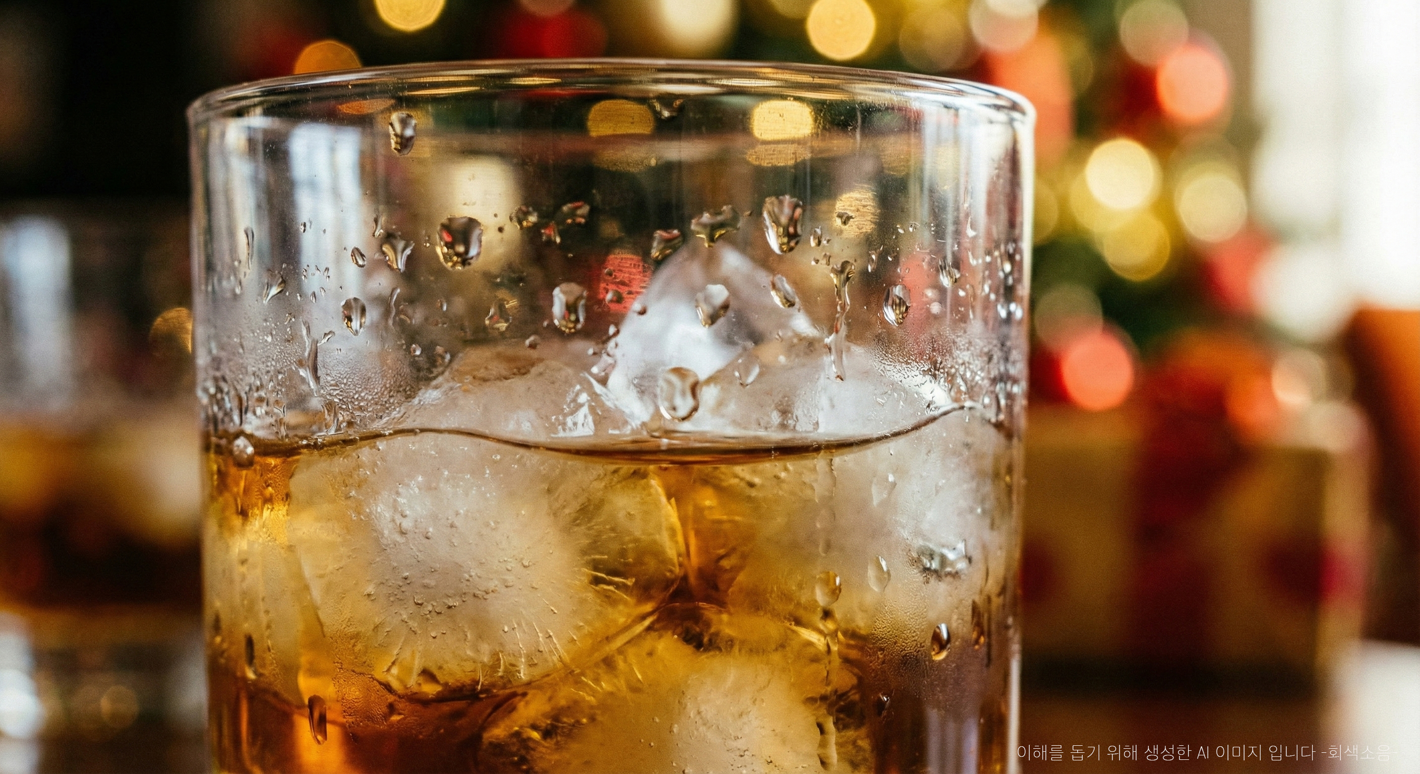 물방울이 맺힌 크리스털 위스키 잔 안에서 얼음과 호박빛 술이 녹아 소용돌이치고, 뒤로는 따뜻한 파티 불빛이 흐릿하게 번지는 매크로 장면.