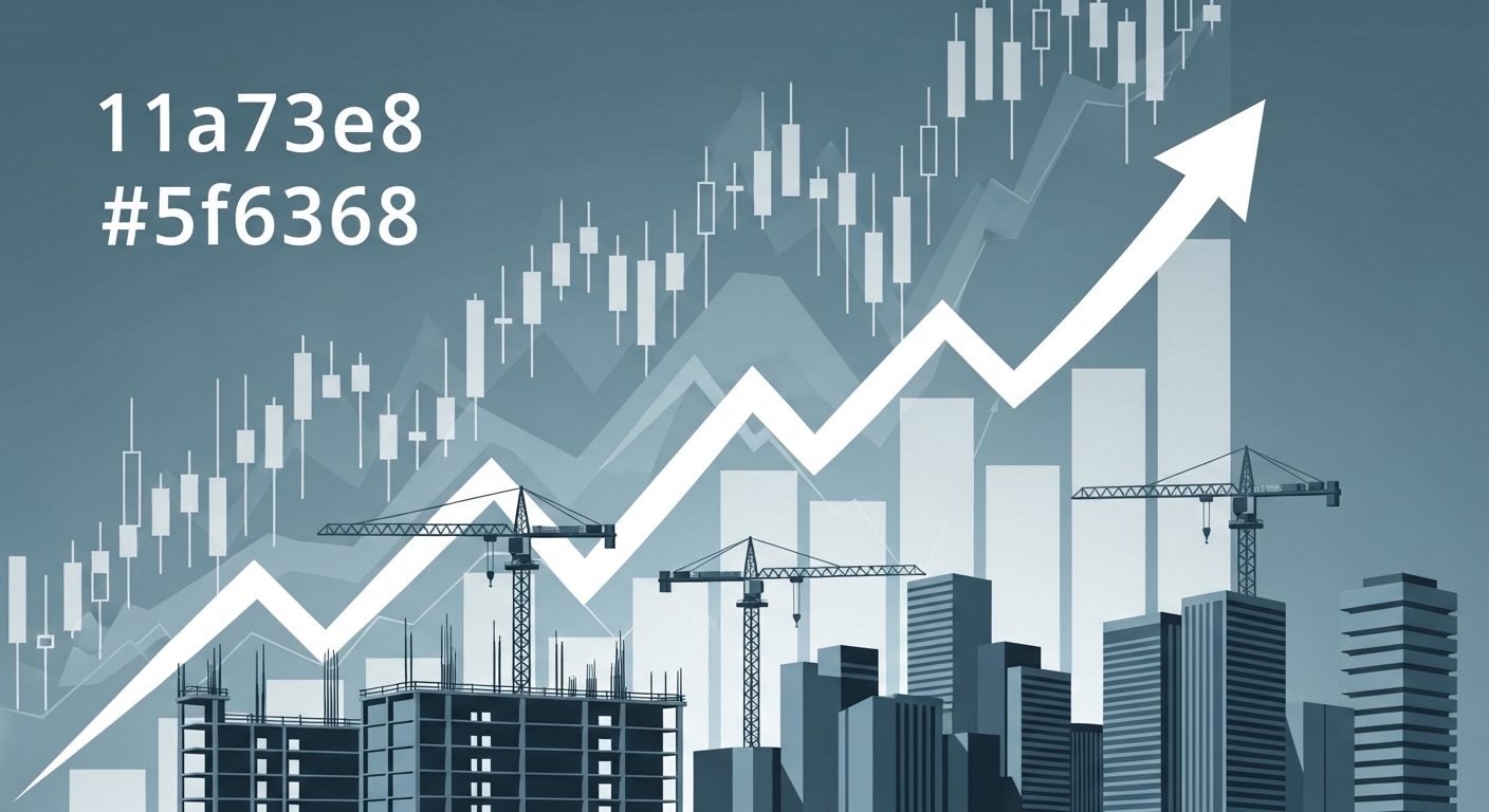 건설 현장의 활기찬 모습과 상승하는 주식 그래프가 어우러진 이미지. 2026년 건설 경기 부양과 1기 신도시 재건축으로 인한 삼표시멘트 주가 상승 기대를 표현.