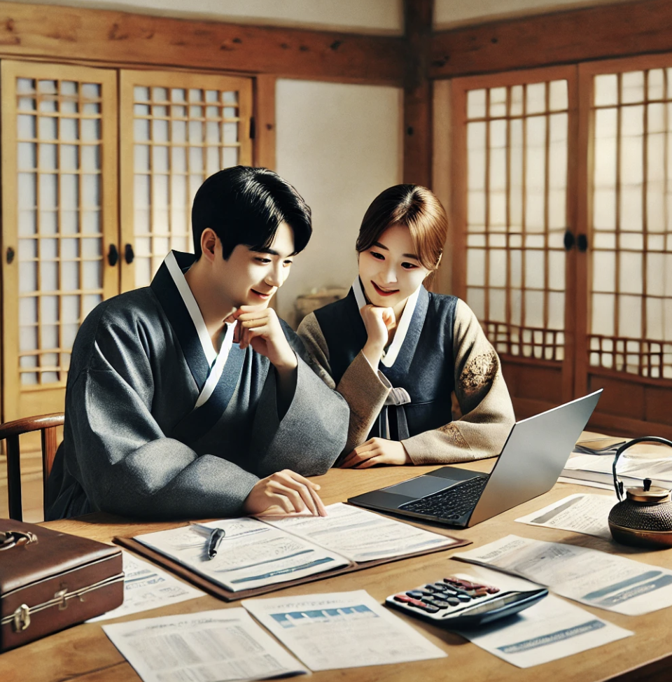 부부가 상속세 공제를 논의하며 협력하는 모습