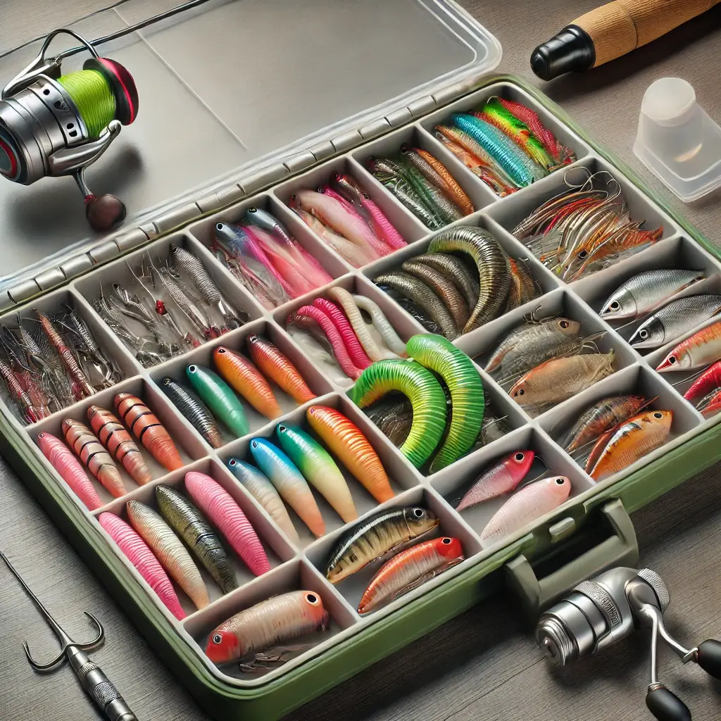 정리된 루어와 웜이 보관된 낚시 태클박스