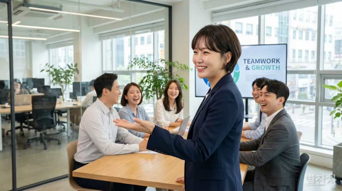 긍정적 사고로 자신감 있게 발표하는 한국 직장인